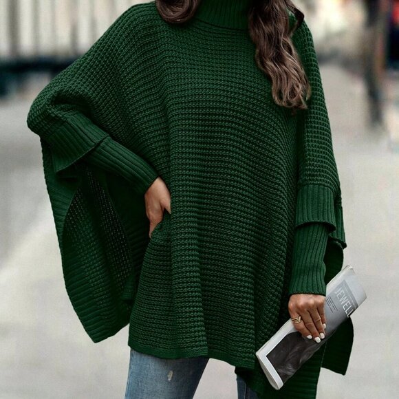 Dark Green Casual Women's Turtleneck Batwing Sleeve Poncho Sweater top - Picture 4 of 7